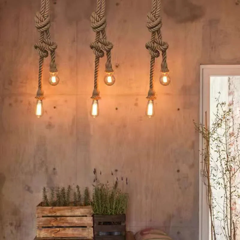 RustiGlow: Vintage Hemp Rope Pendant Lamp – E27 Loft-Style Hanging Light