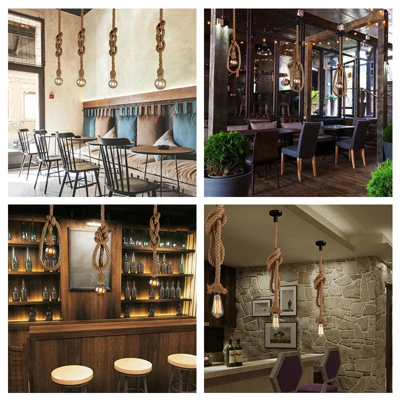 RustiGlow: Vintage Hemp Rope Pendant Lamp – E27 Loft-Style Hanging Light